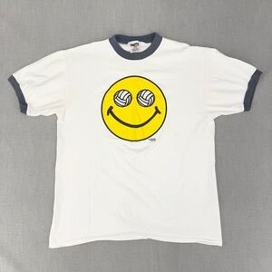 Vintage 90s Volleyball Shirt Mens XL White 100% Cotton Single Stitch Smiley Face